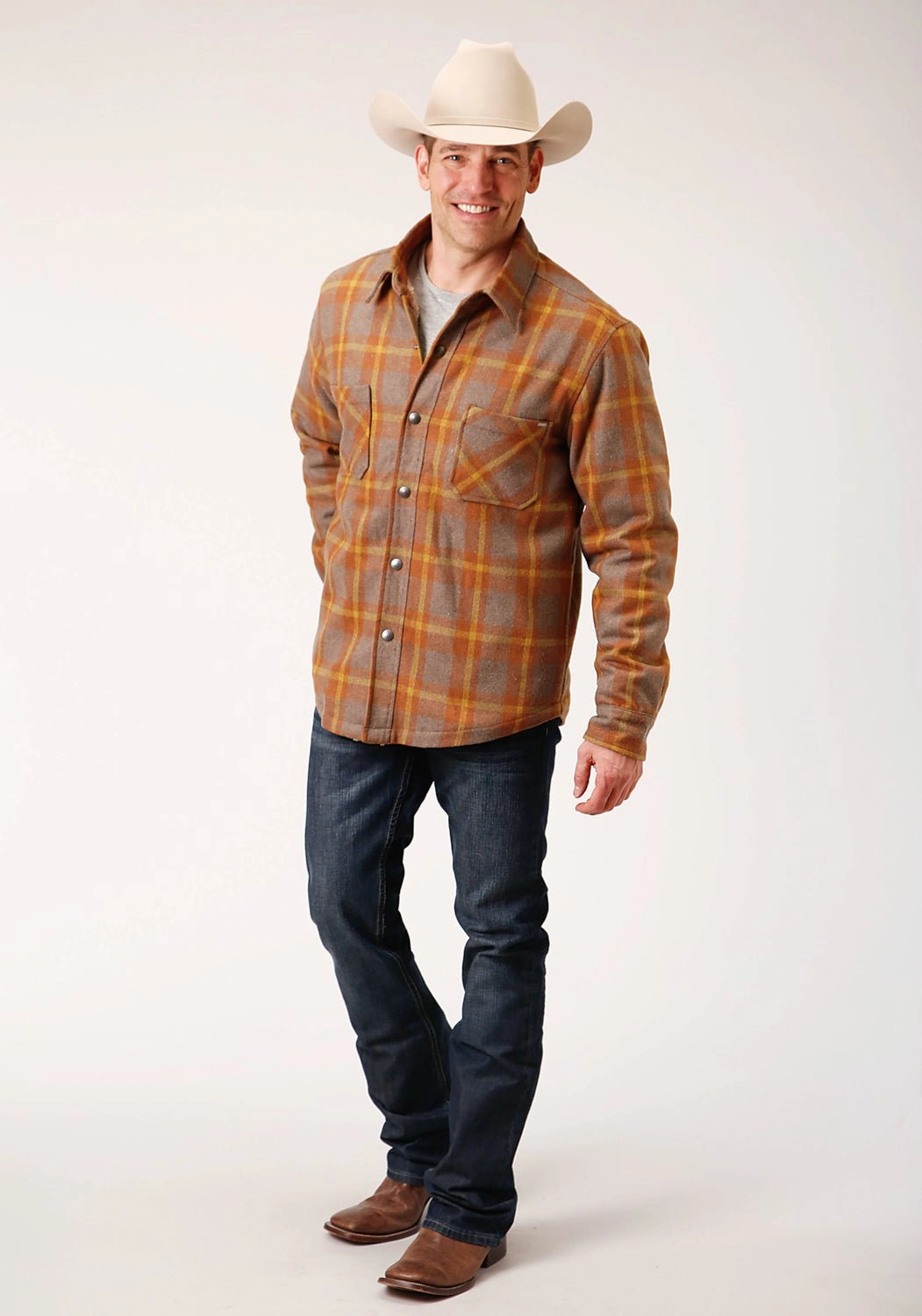 Adjustable hood design Flexible Joint Articulation Tin Haul Mens Orange/Brown Wool Blend Sherpa Plaid Jacket
