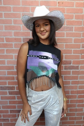 All Over Print Technique Ricky Van Shelton Cropped Rhinestone Fringe Tank