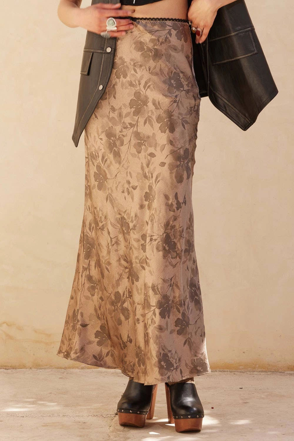 Layered Hem Reinforcement GarmentDyed Floral Print Satin Maxi Skirt