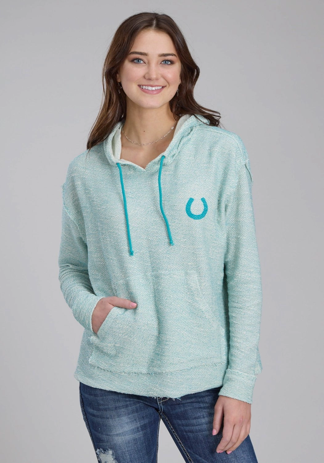 ElasticCuffs Anti Pill Fabric Tech Roper Womens Knit Horseshoe Cream/Aqua 100% Cotton Hoodie