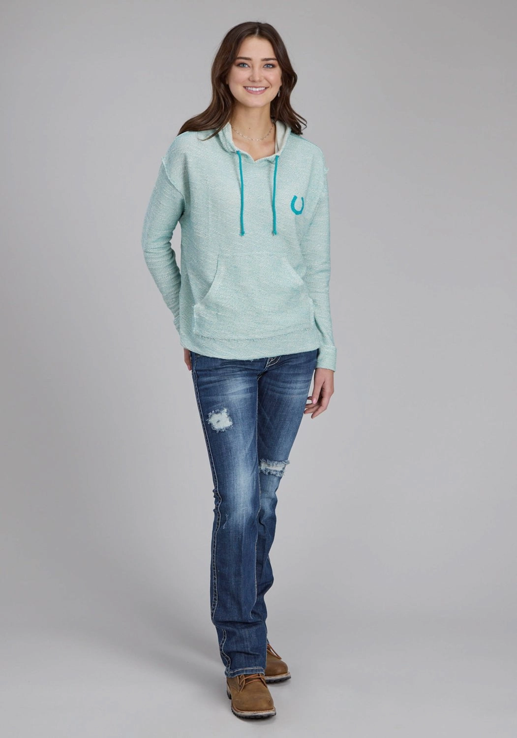 EcoFriendlyInsulation Roper Womens Knit Horseshoe Cream/Aqua 100% Cotton Hoodie