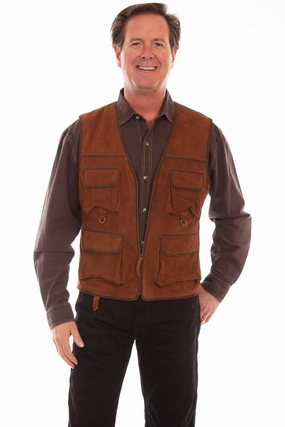 Compression Fold Design Scully Mens Four Pocket Brown Leather Leather Vest