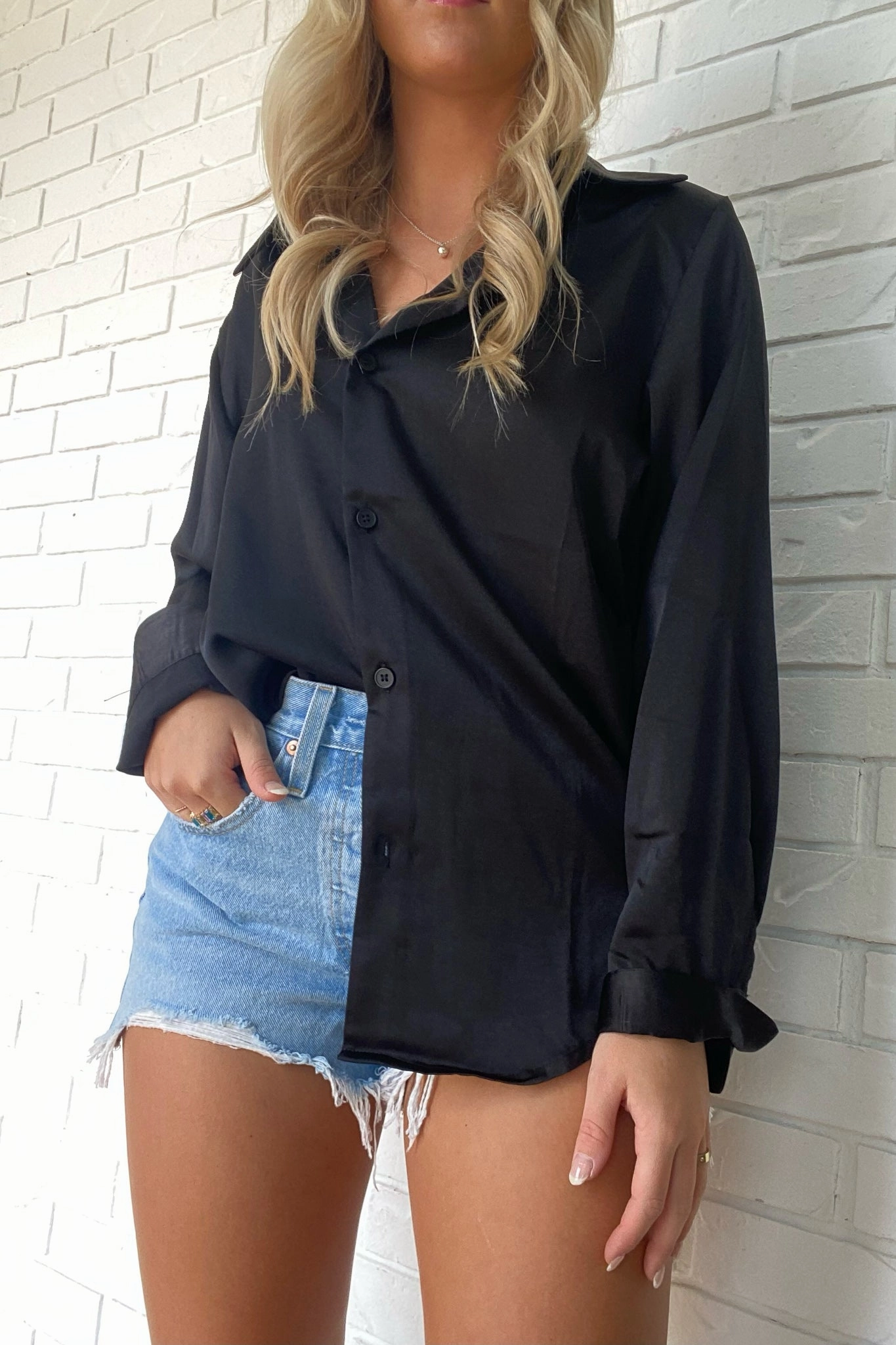 Paris Silky Button Down Top Long Sleeve Shirt Sporty Style