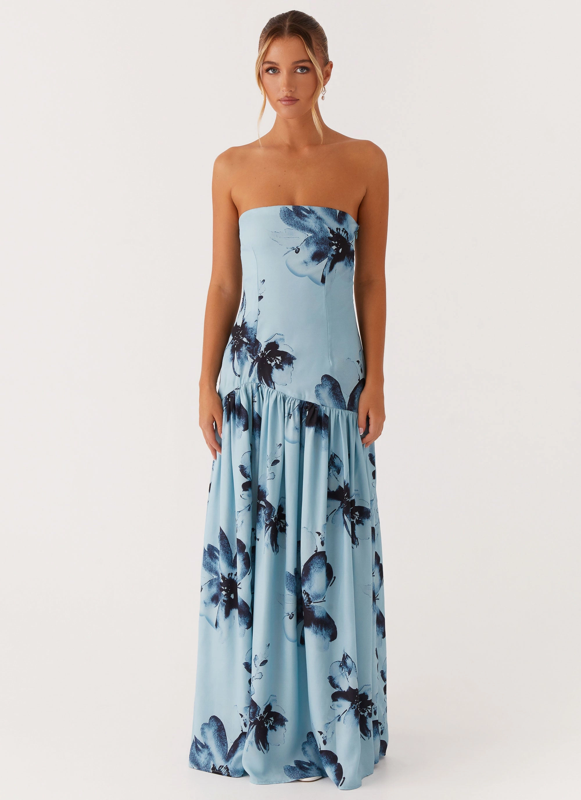 Eden Strapless Maxi Dress - Blue Black Floral Drapey Fabric