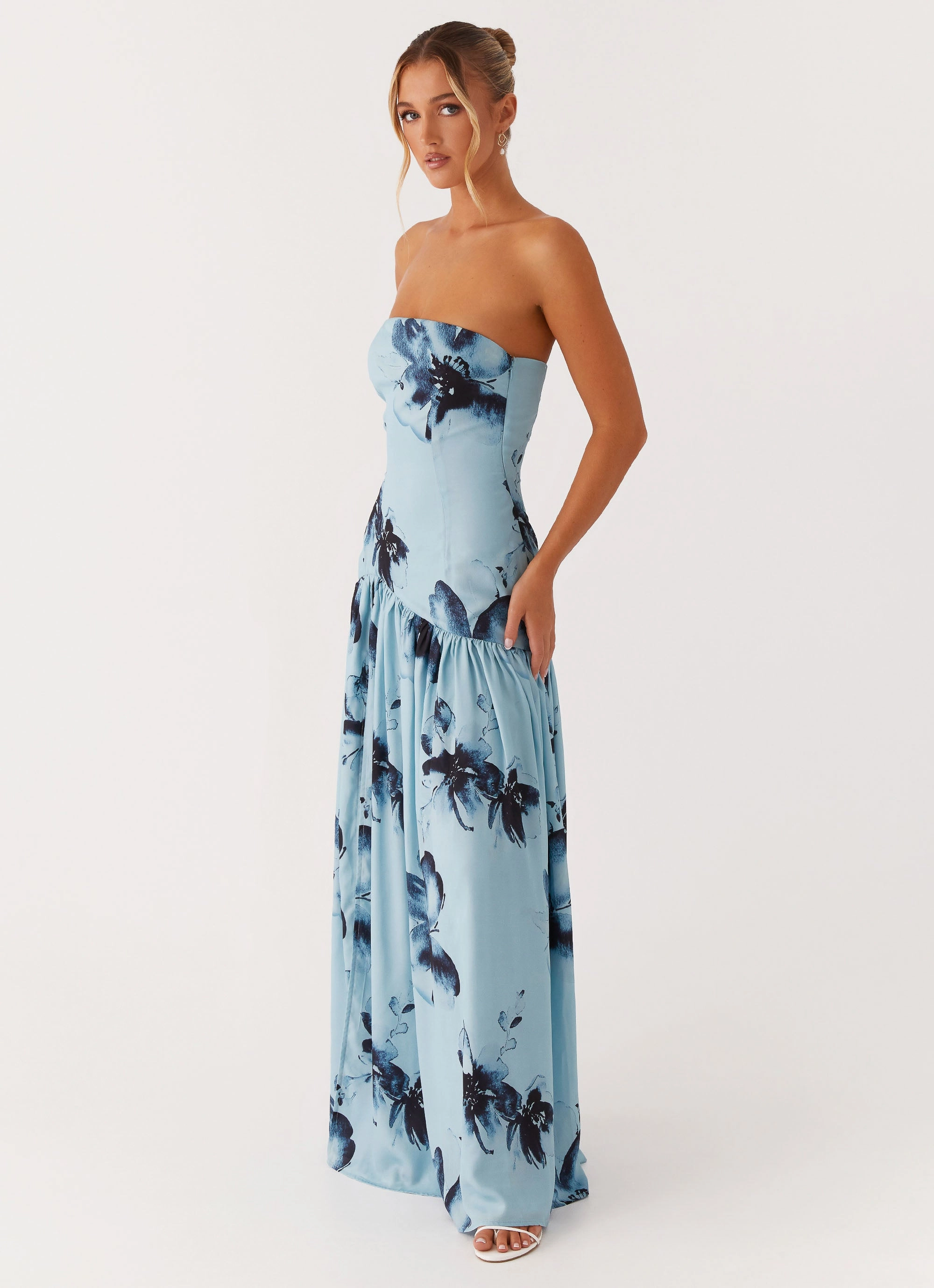 Seasonal Comfort Built-In-Slip Eden Strapless Maxi Dress - Blue Black Floral