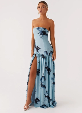 Eden Strapless Maxi Dress - Blue Black Floral Modern Texture Urban Touch