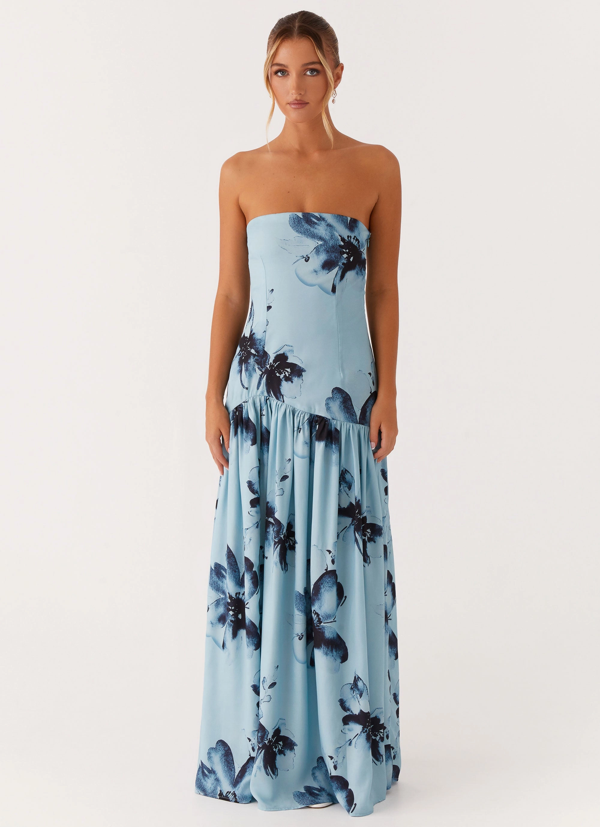 Eden Strapless Maxi Dress - Blue Black Floral Pure Fabric