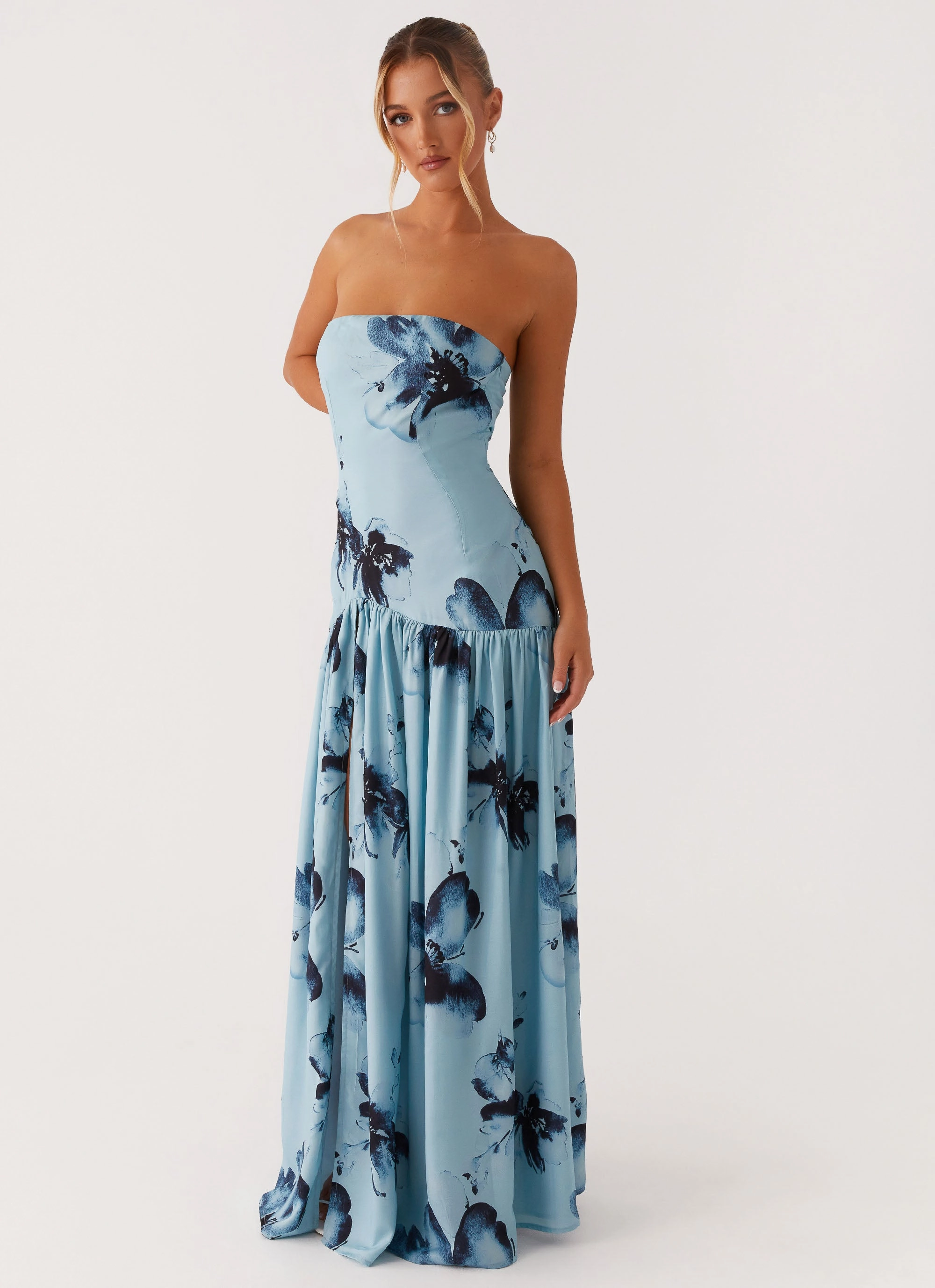 High-waist Eden Strapless Maxi Dress - Blue Black Floral