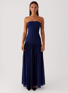 Eden Strapless Maxi Dress - Navy Luxe Comfort Glossy Detail