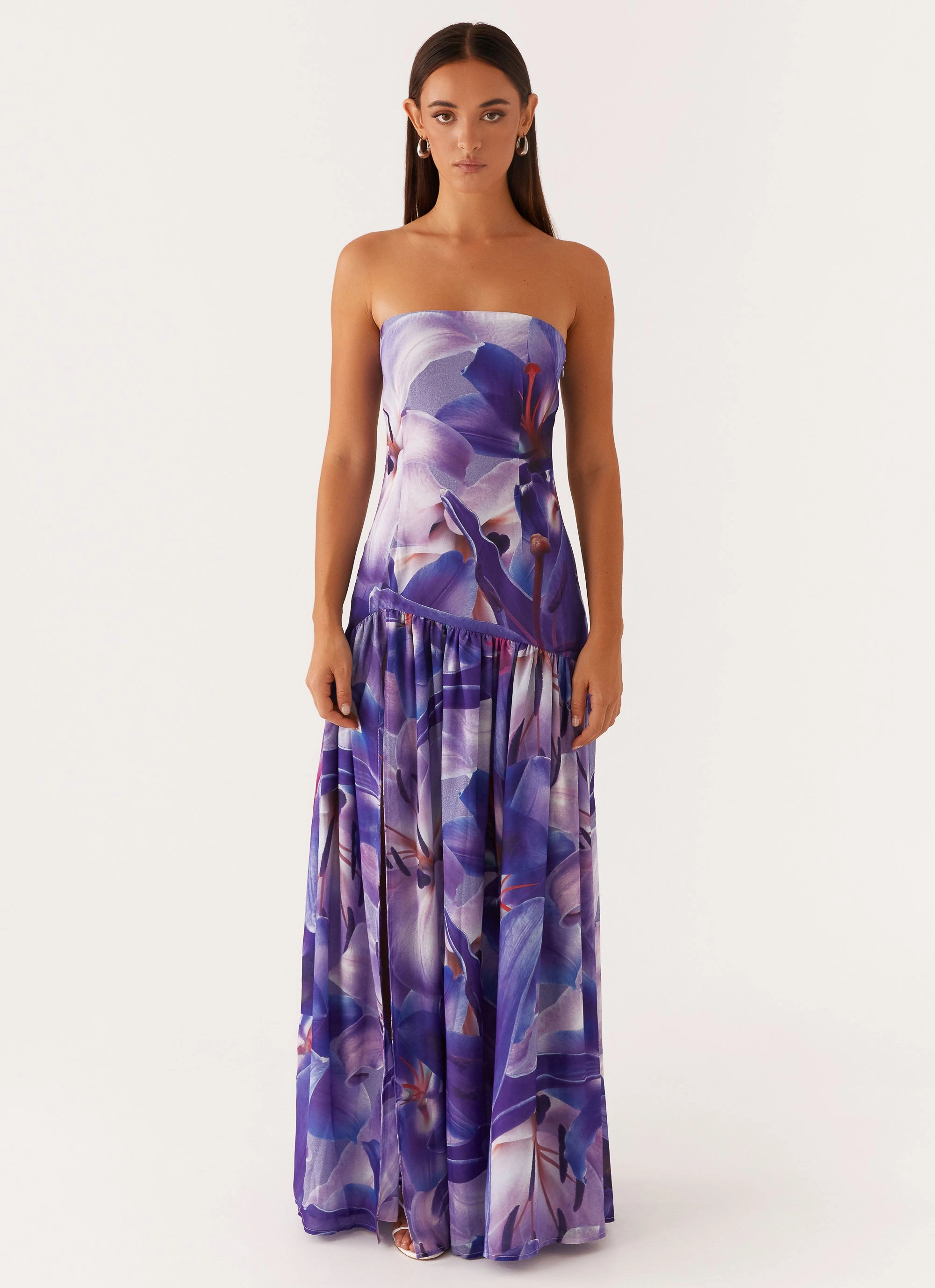 Long Lines Comfortable fit dress for all body types Eden Strapless Maxi Dress - Purple White Lilly