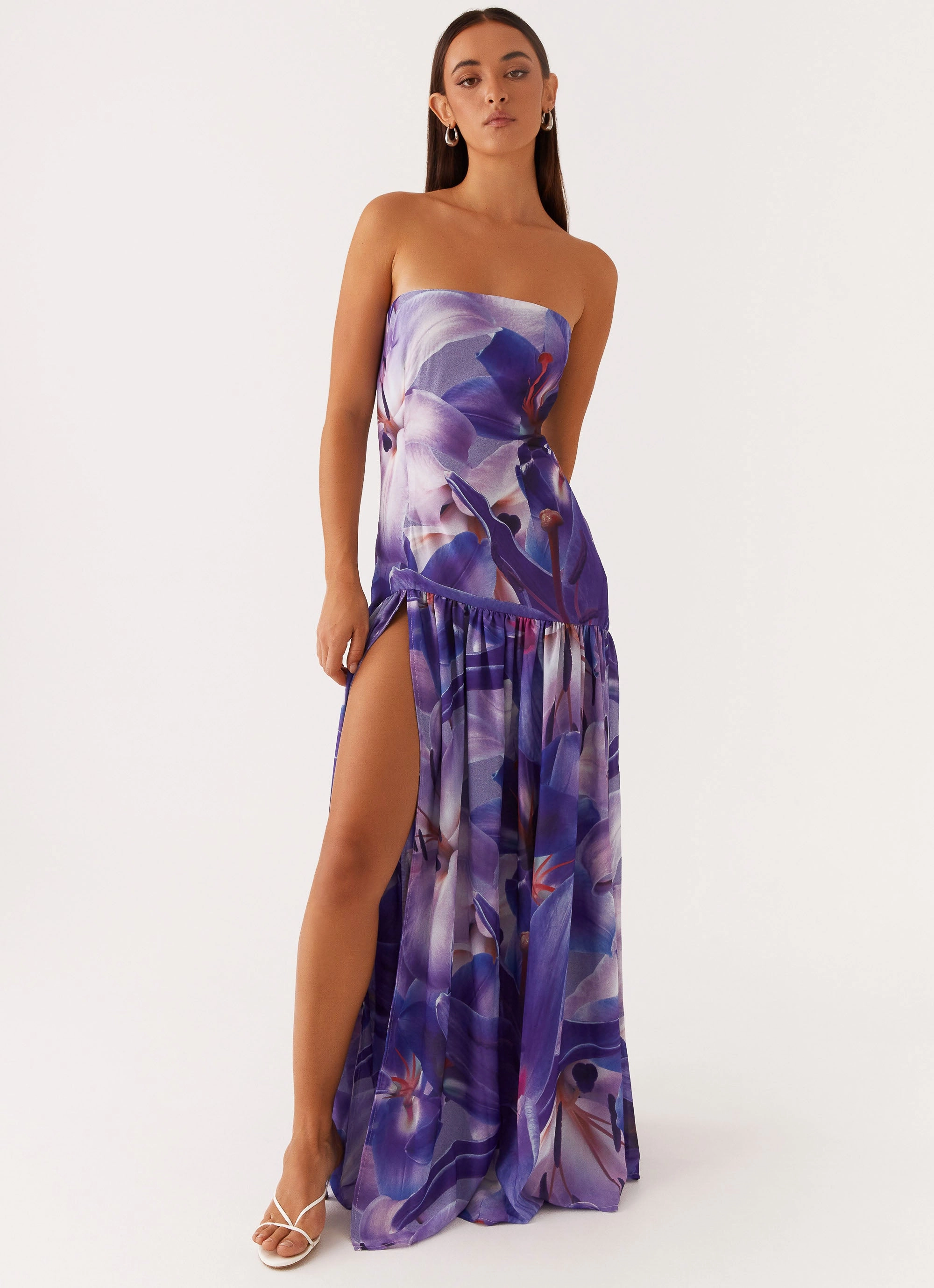 Eden Strapless Maxi Dress - Purple White Lilly Sophisticated Cut