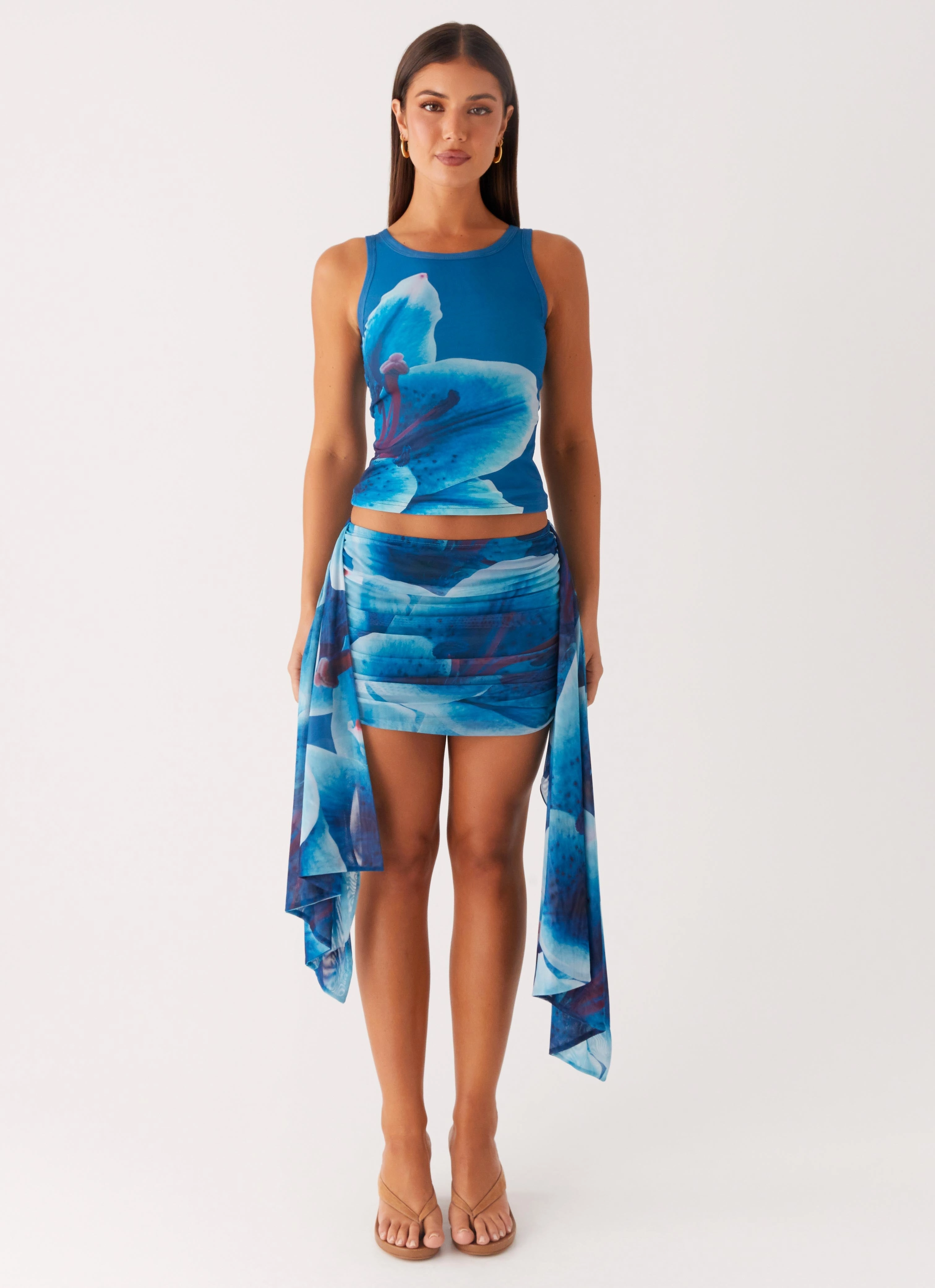 Adjustable Hem Toggles Casual Tank Edera Tank - Turquoise Floral