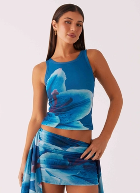 Edera Tank - Turquoise Floral Breathable Mesh Insert Tailored Seams