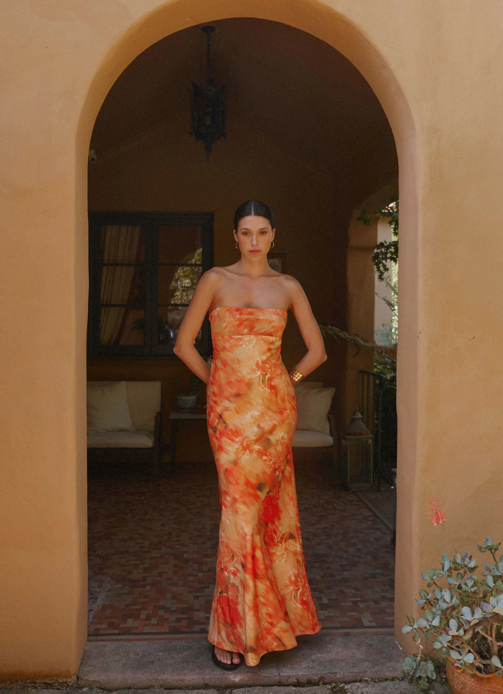 Evening Vibe Semi Fit Carmen Maxi Dress - Sunset Floral