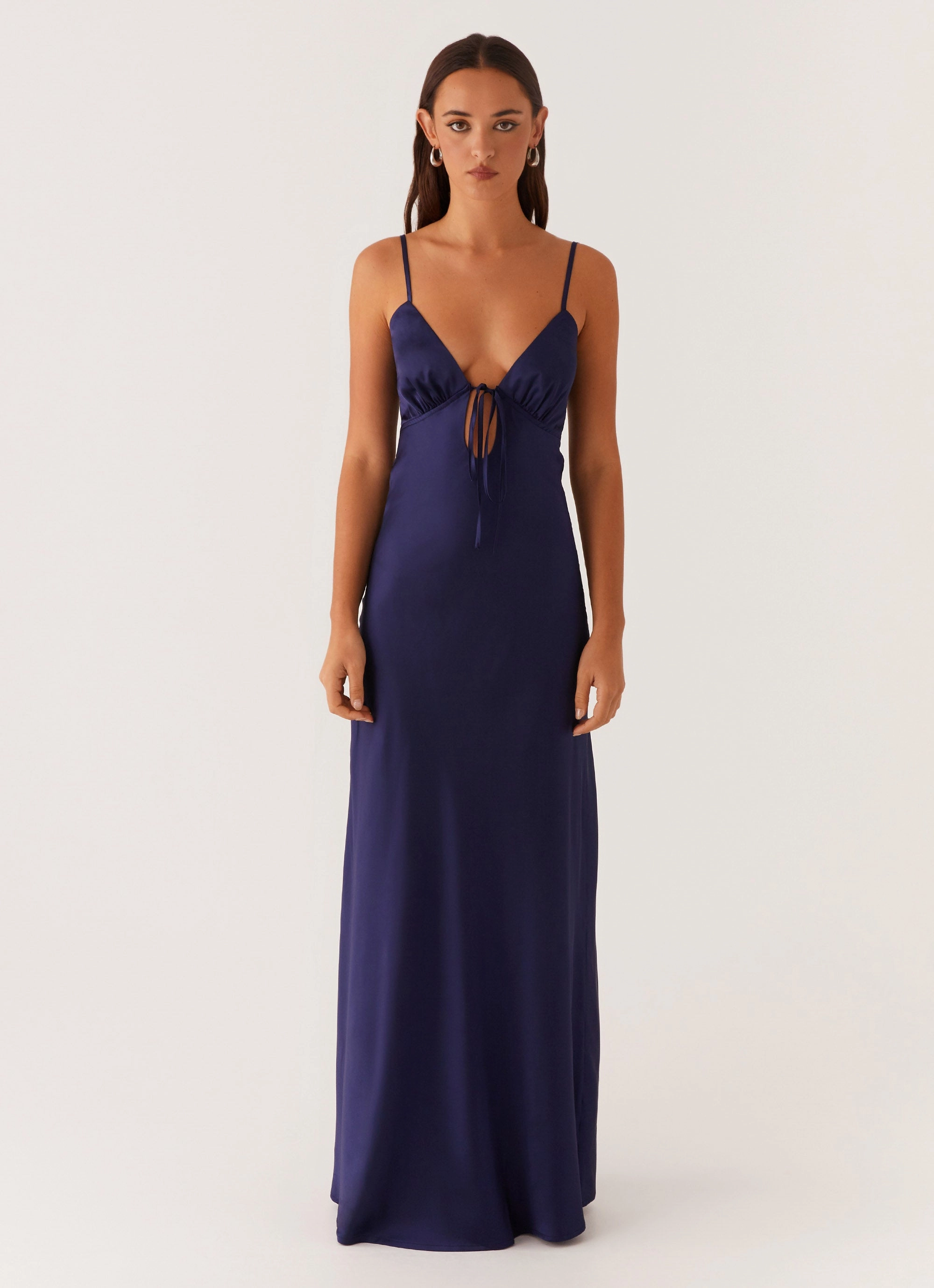 Stretchable Sheer Panel Flora Satin Maxi Dress - Navy