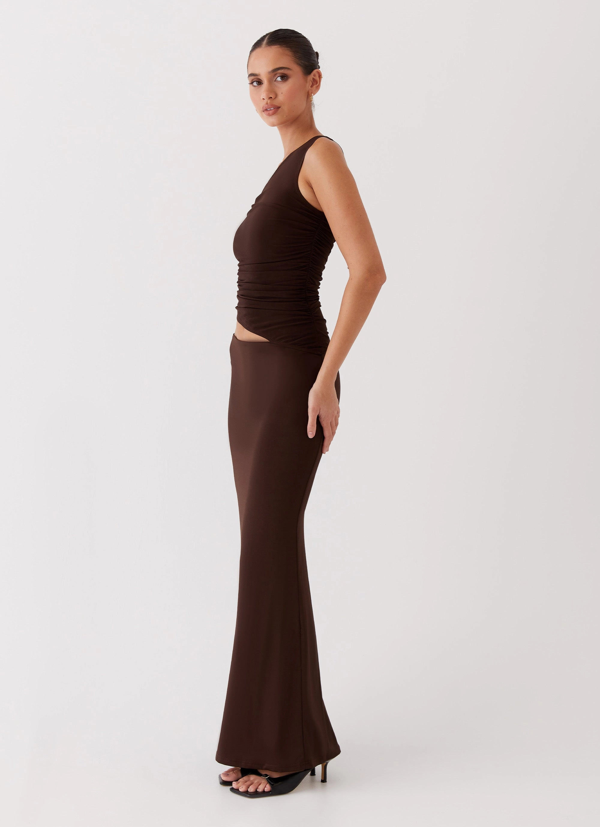 Stud-Detail Seranella One Shoulder Maxi Dress - Chocolate