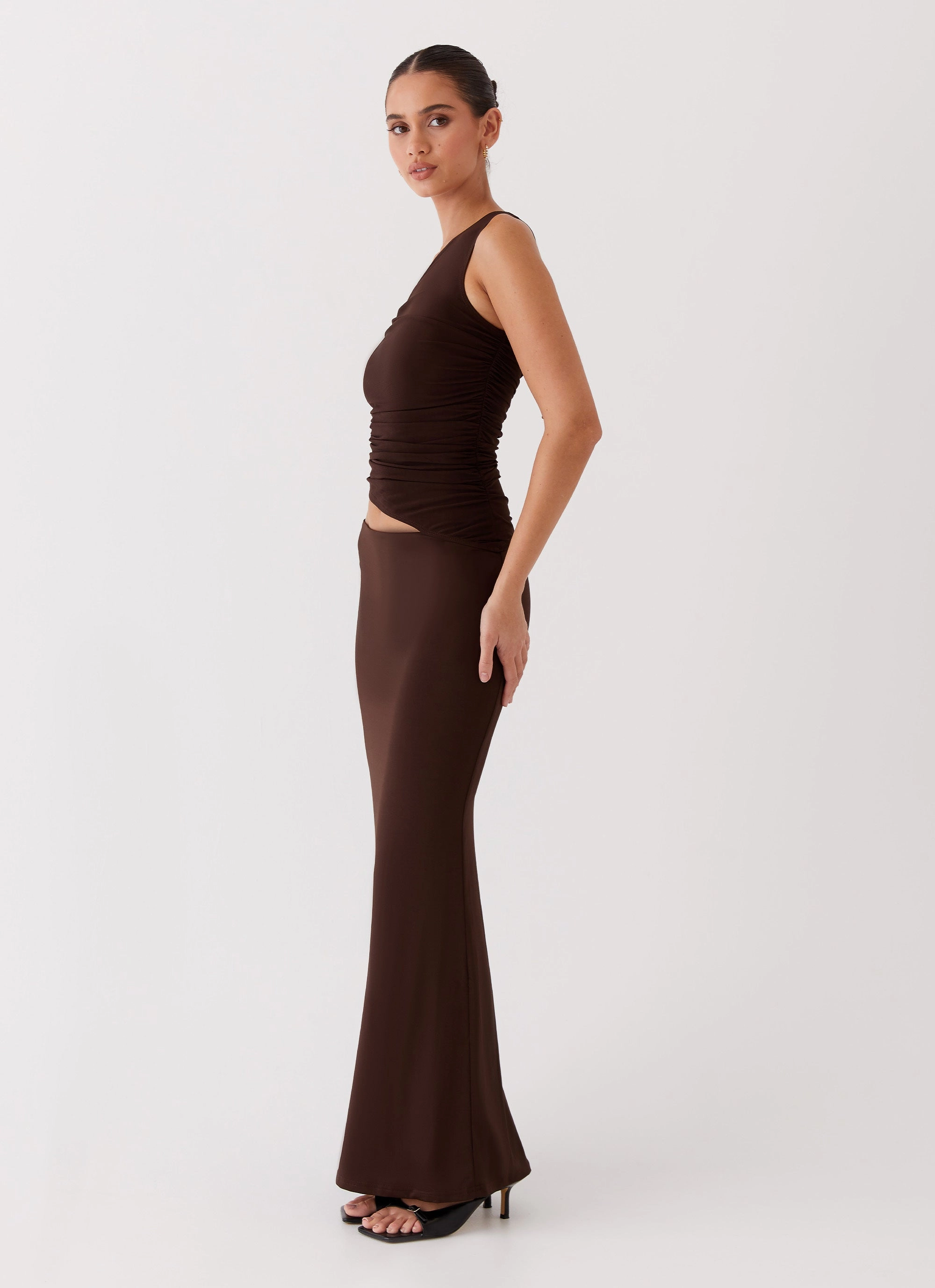 Night Charm Seranella One Shoulder Maxi Dress - Chocolate