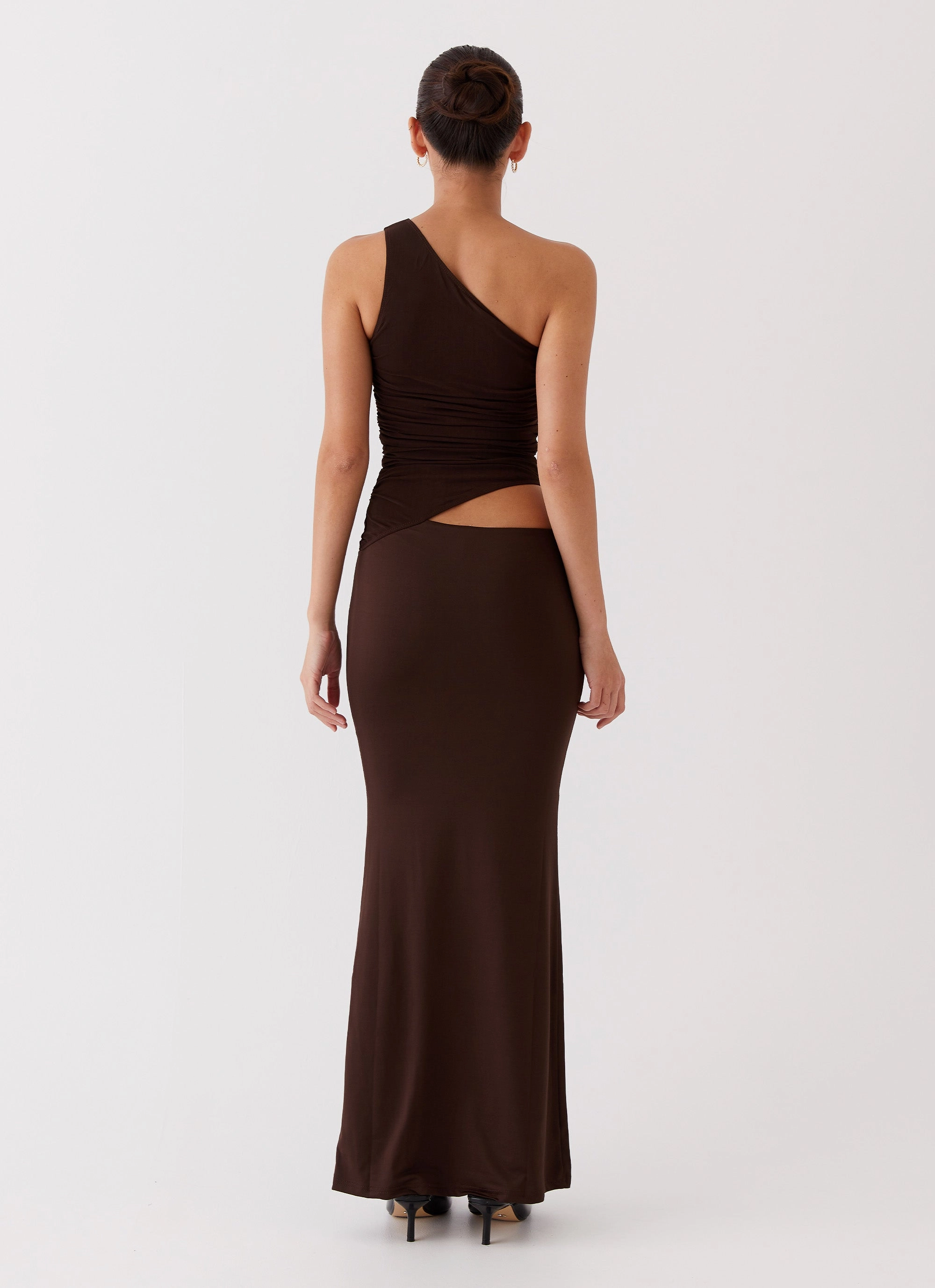 Romantic date dress Seranella One Shoulder Maxi Dress - Chocolate