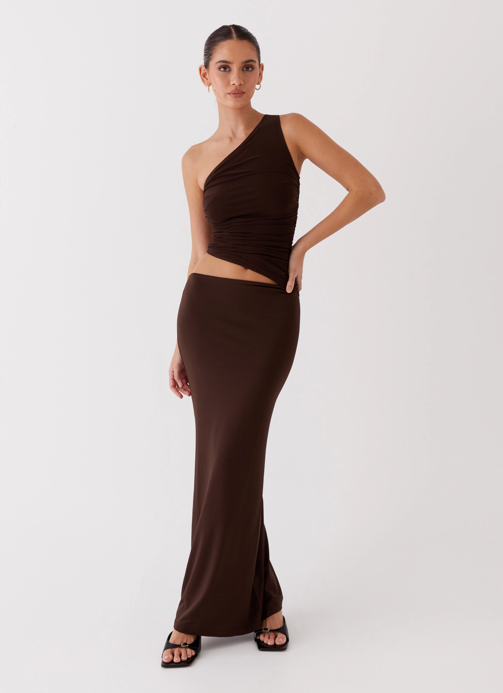 Long Sleeve Chill Edge Seranella One Shoulder Maxi Dress - Chocolate