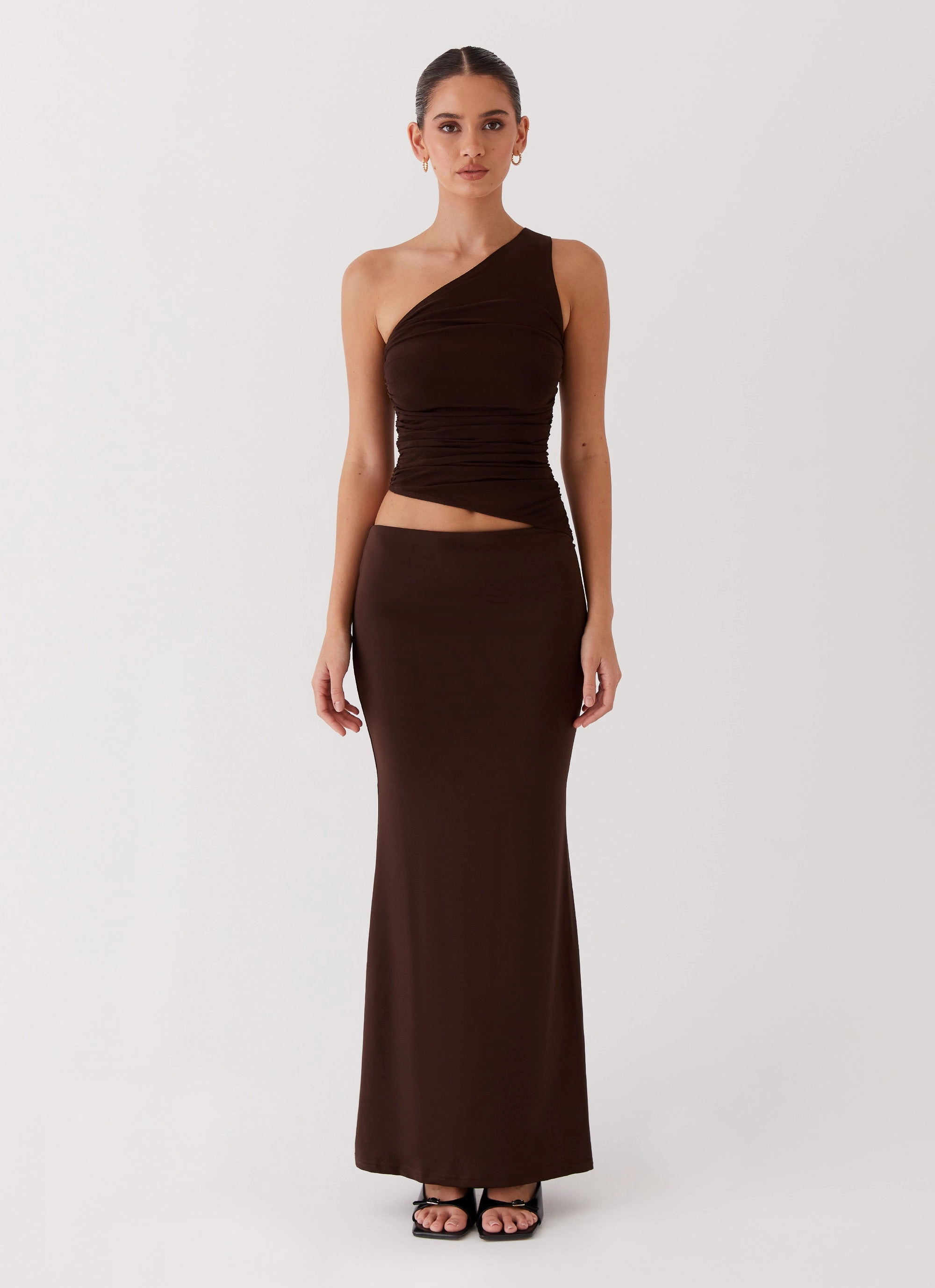 Stain-Guard-Finish Drape Wave Seranella One Shoulder Maxi Dress - Chocolate