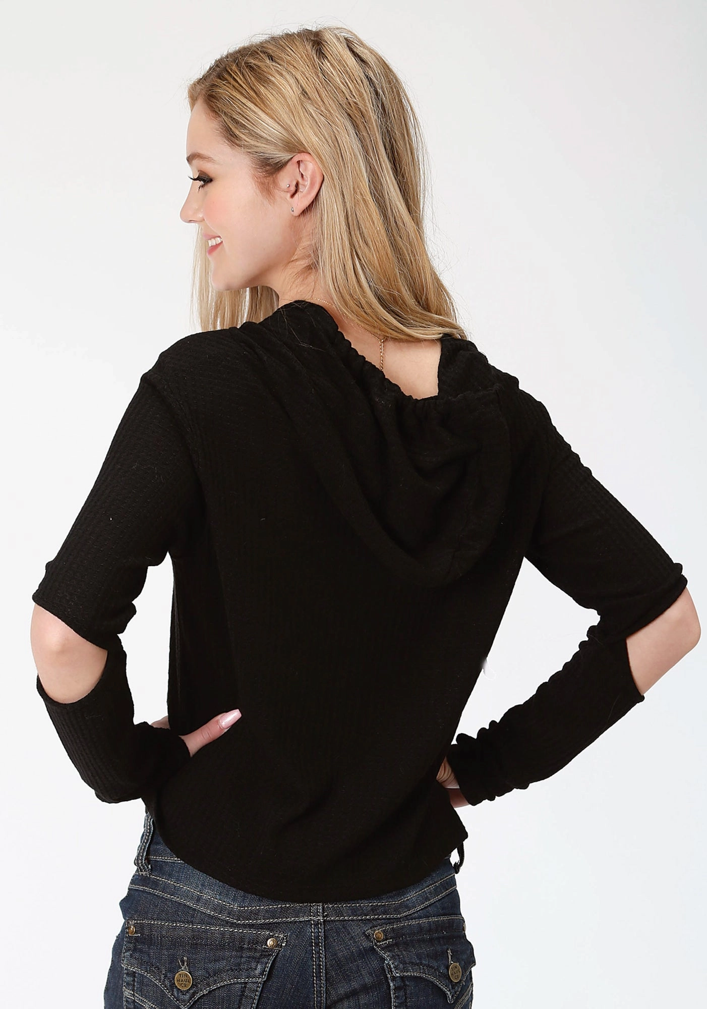 Roper Womens Black 100% Cotton Waffle Knit L/S Hoodie Warm Knit