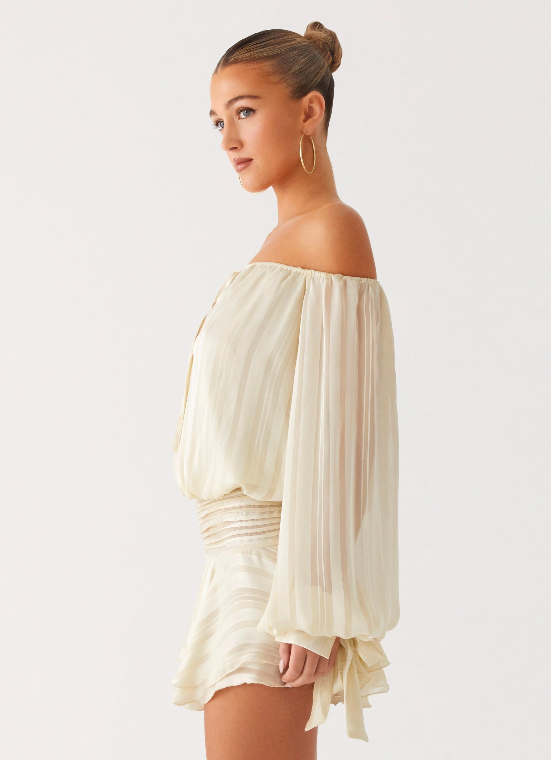 Eira Balloon Sleeve Mini Dress - Ivory Fine Texture