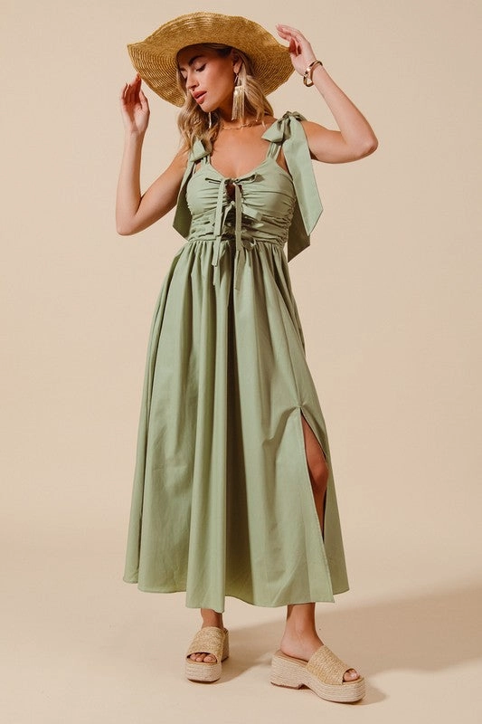 Tina Shirring Bow Tie Midi Dress S-XL Bold Touch Artistic Flair