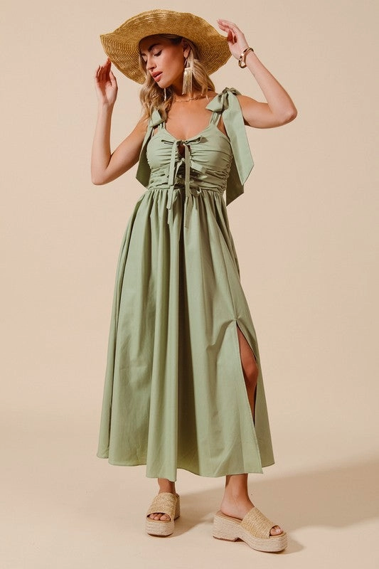 Linen Love Brunch Tone Tina Shirring Bow Tie Midi Dress S-XL