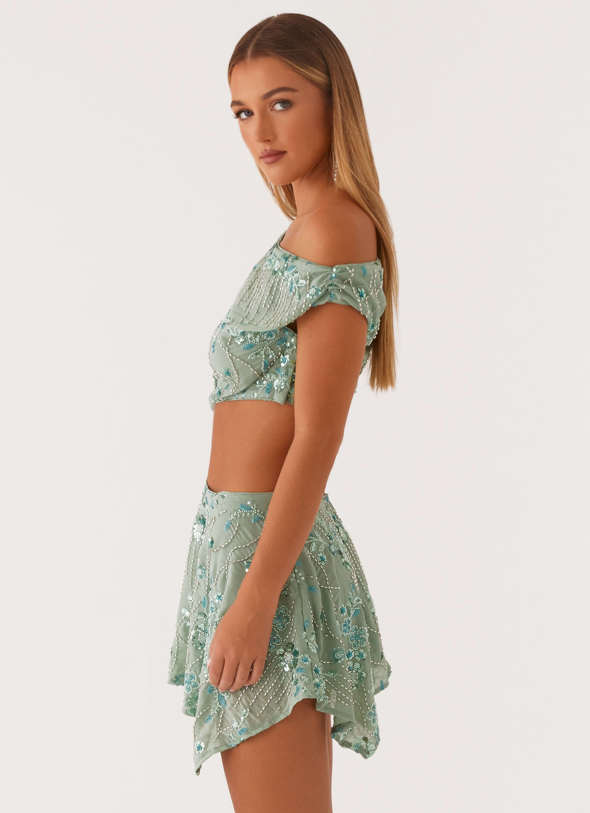 Cocktail Ready Crystal-Detail Aletta Sequin Mini Dress - Mint