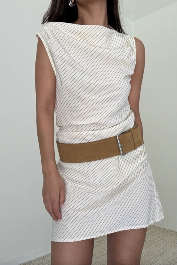 Striped Boat Neck Sleeveless Mini Dress Sleeveless Top Flexible Waistband Adaptation