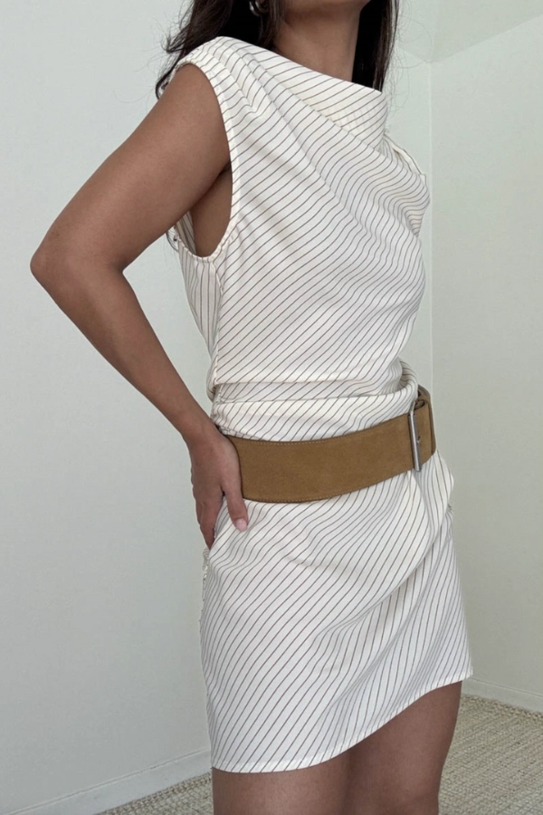 UPF Protective Fabric RibbedTexture Striped Boat Neck Sleeveless Mini Dress