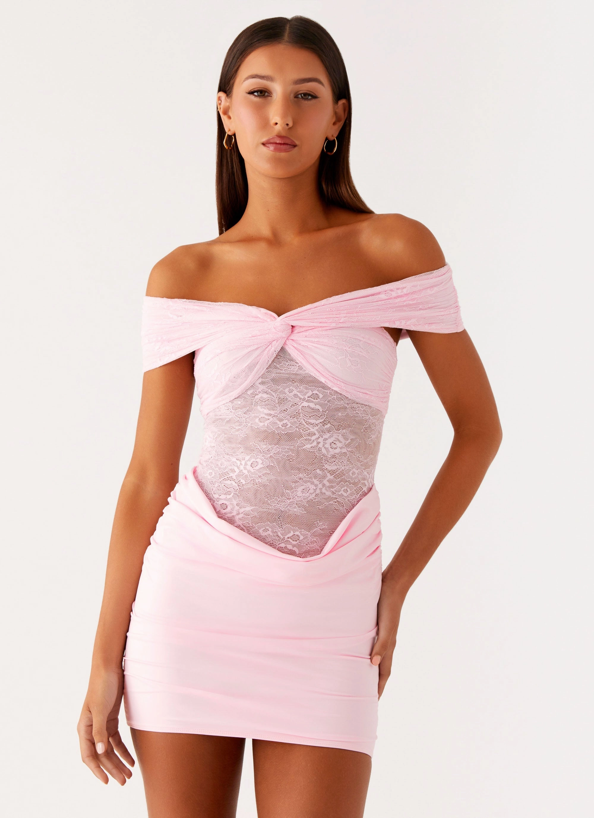 Either Way Off Shoulder Mini Dress - Baby Pink Soft Drape Inner Smile