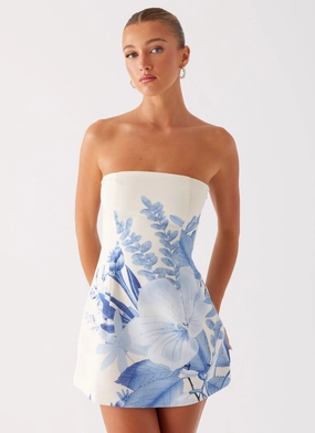 Dry-Clean-Only Denby Strapless Mini Dress - Blue Floral Print
