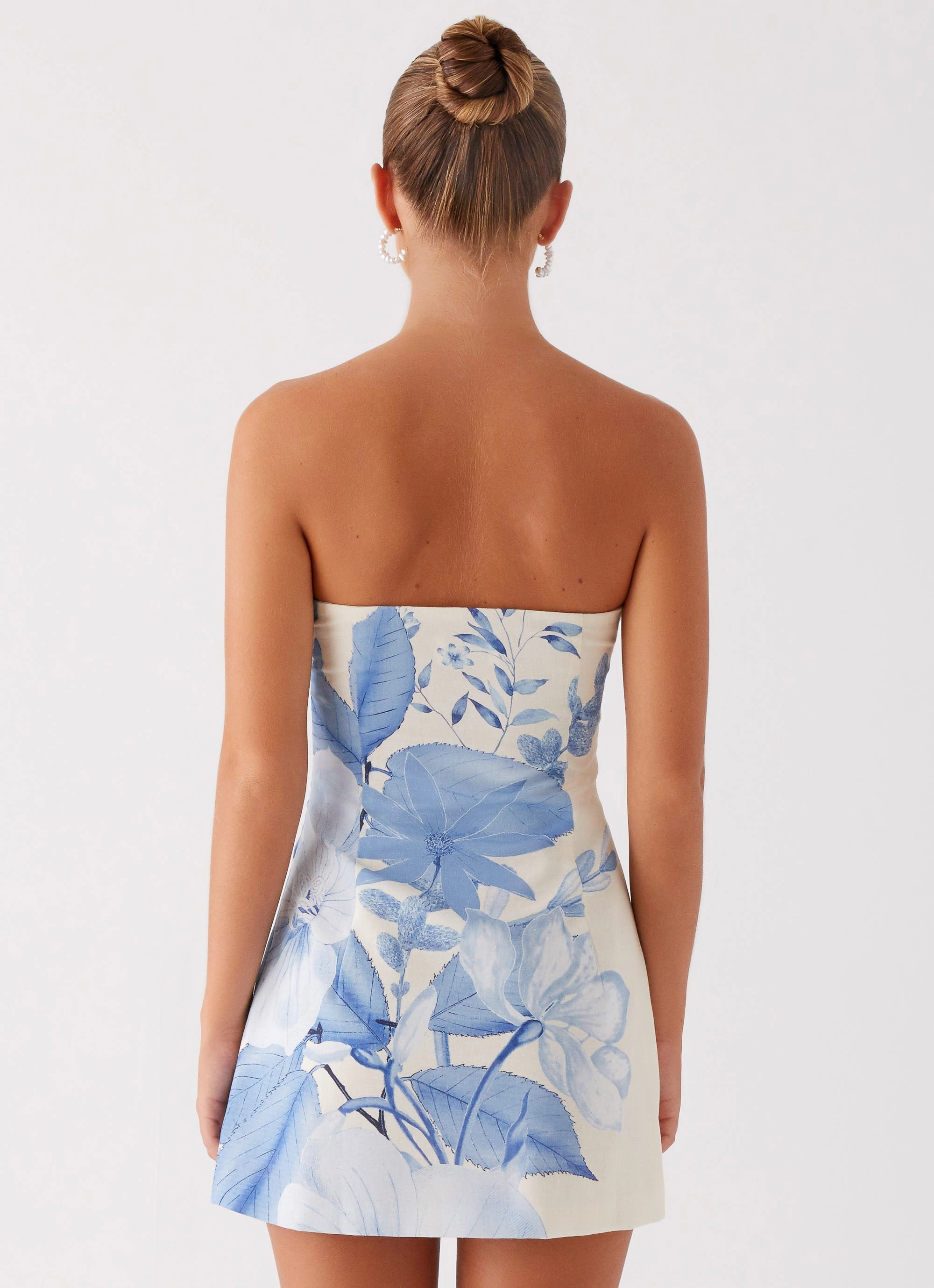 Denby Strapless Mini Dress - Blue Floral Print Draped Fabric Garden Fresh