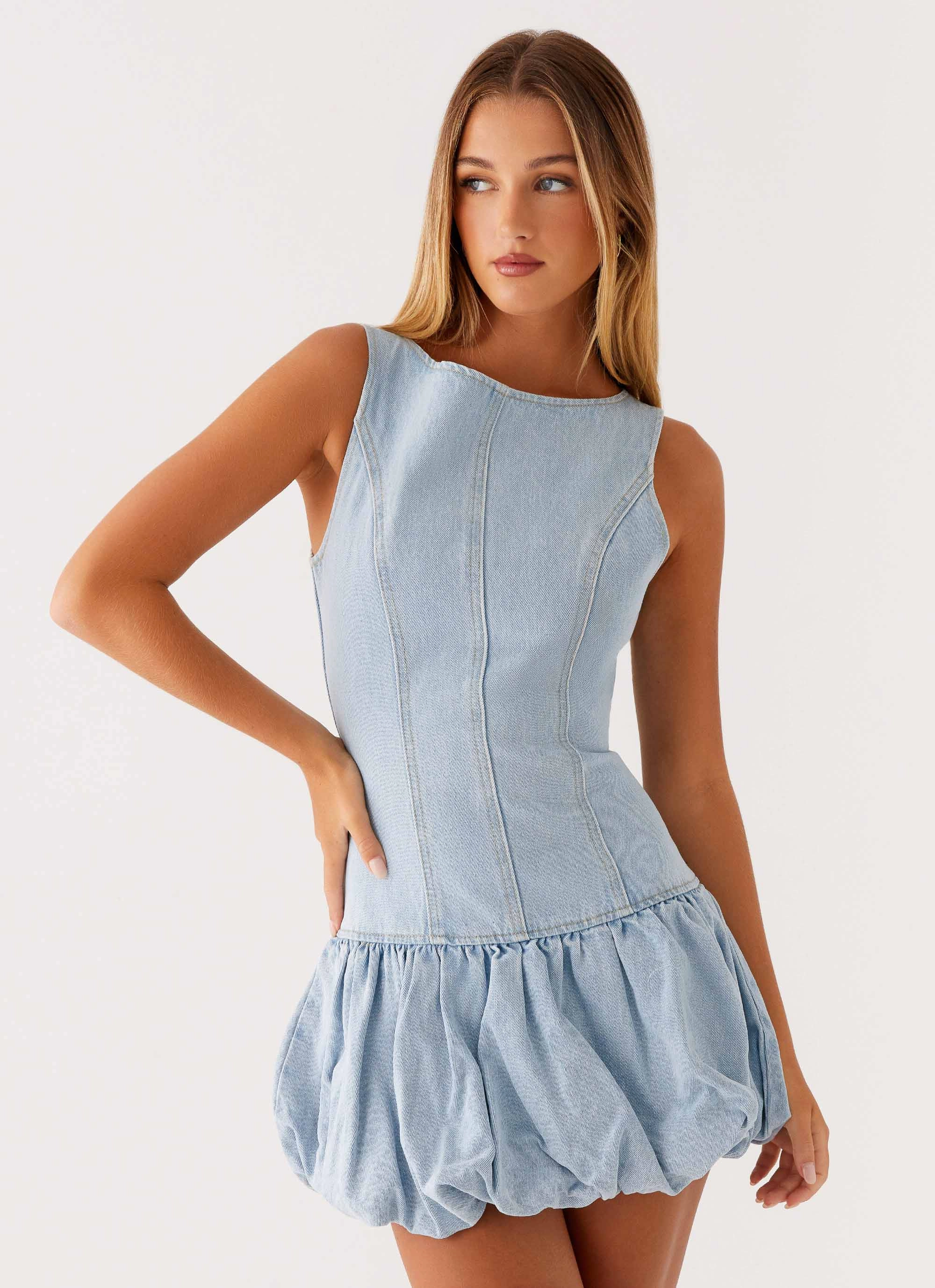 Meg Bubble Denim Mini Dress - Blue Side Pleats Breath Ease