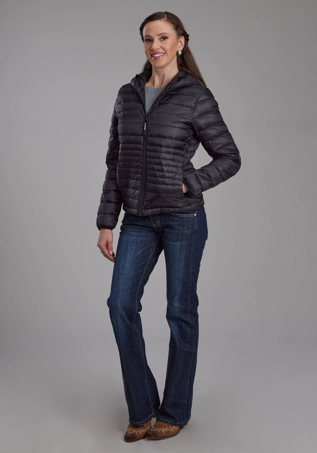 ErgonomicSleeveCut Non Restrictive Fit Roper Womens Parachute Down Fill Black 100% Nylon Softshell Jacket