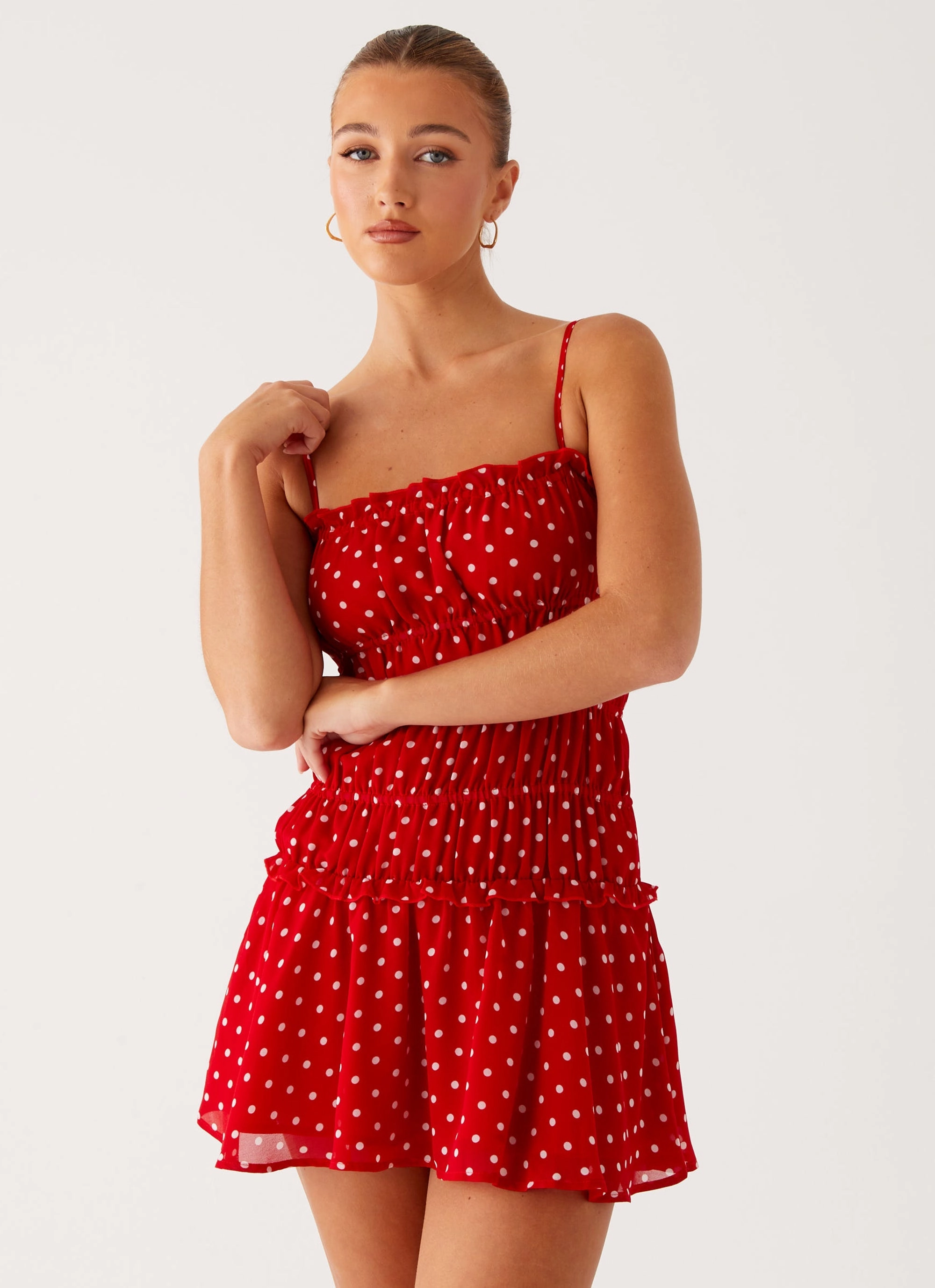 Cynlee Mini Dress - Red Polka Dot Comfortable fit-and-flare dress
