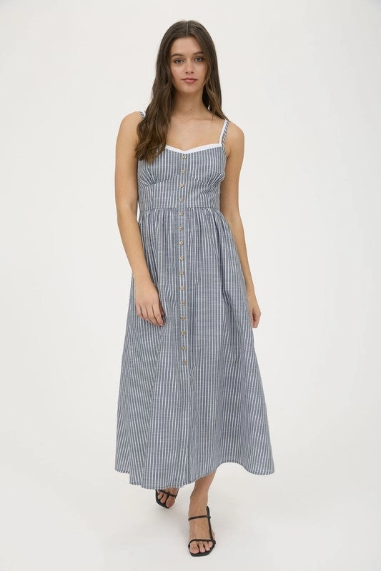 Metallic-Shine Malia Stripe Contrast Strap Button Down Midi Dress