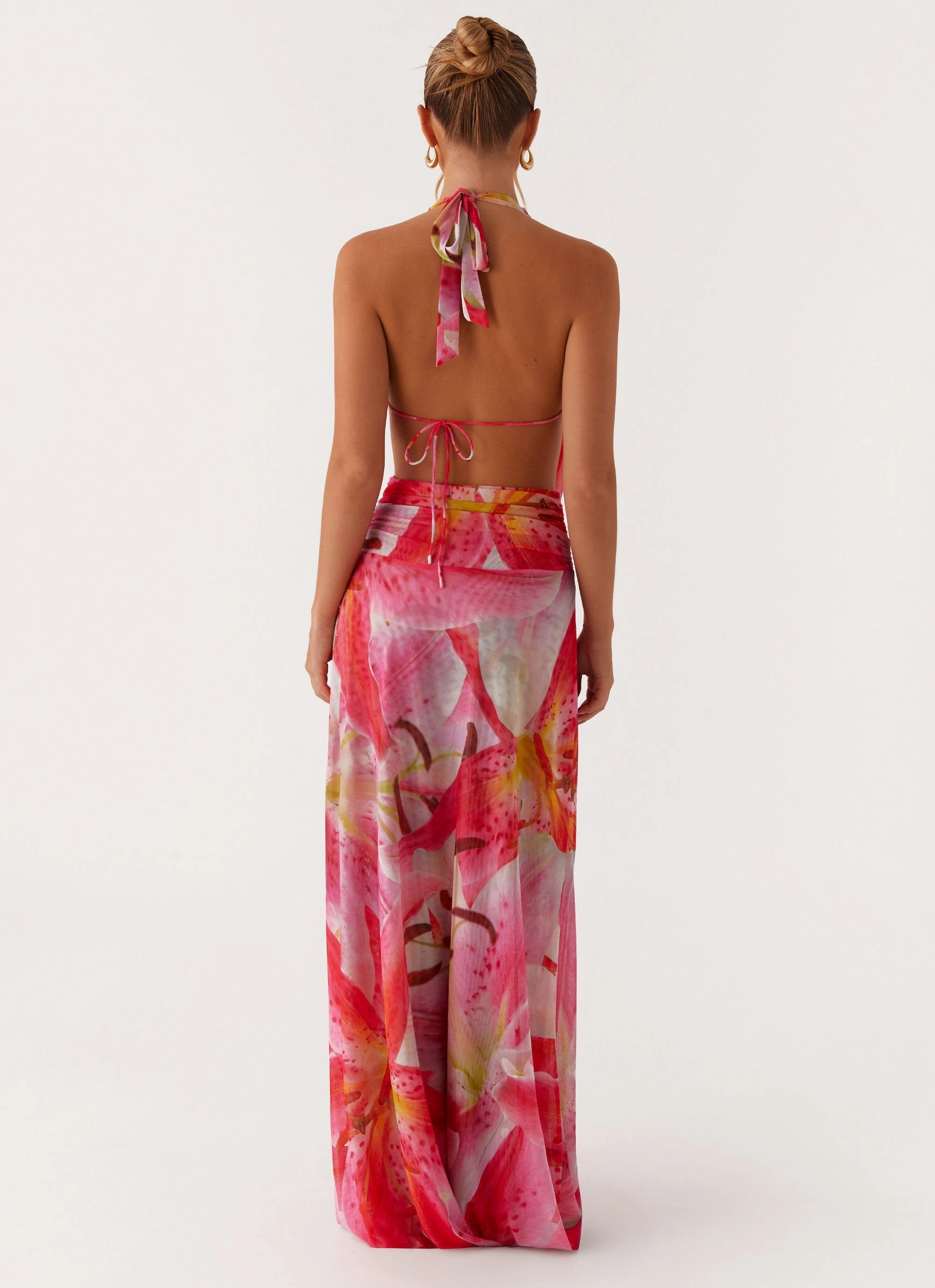 Elysia Mesh Maxi Dress - White Pink Lilly Clasp-Closure