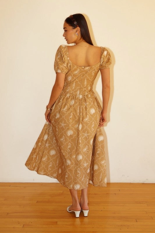 Earth-Tone Daily Silhouette Mermaid Shell Midi Dress