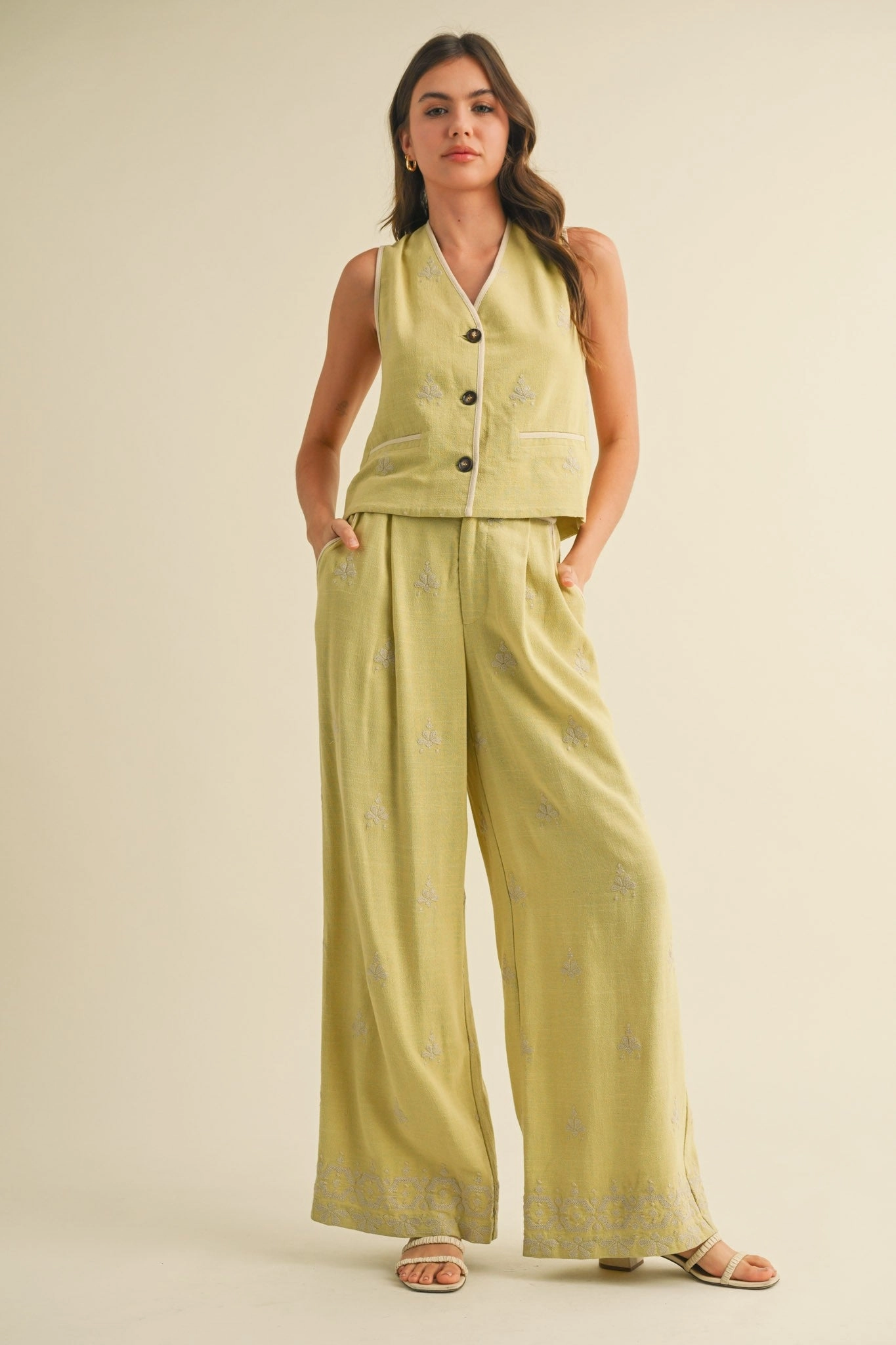 Embroidered Wide Leg Pant Set Bluesign Approved Material FoldableFeature