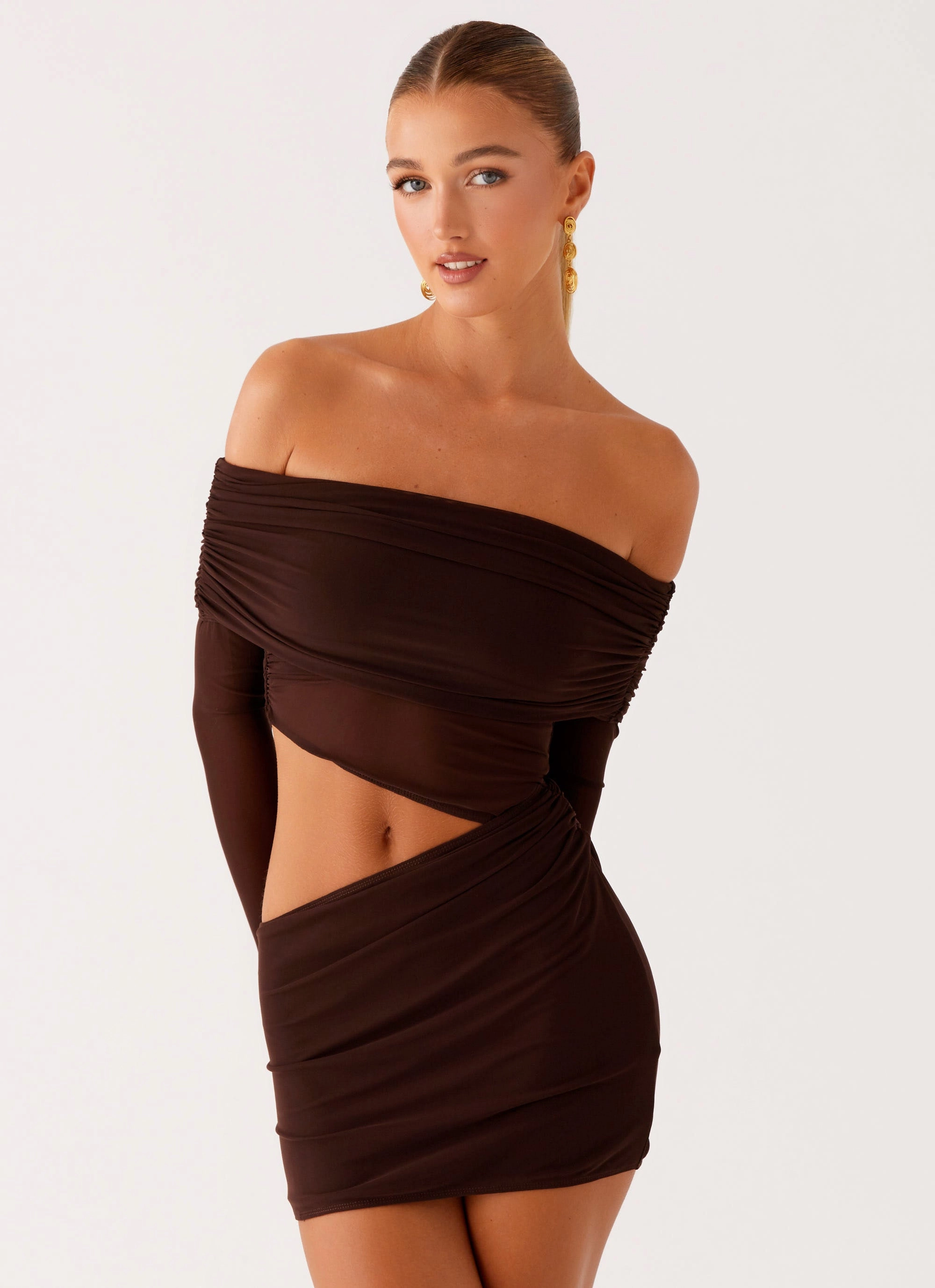 Bodycon-Fit Soft Neutral Emery Mini Dress - Chocolate