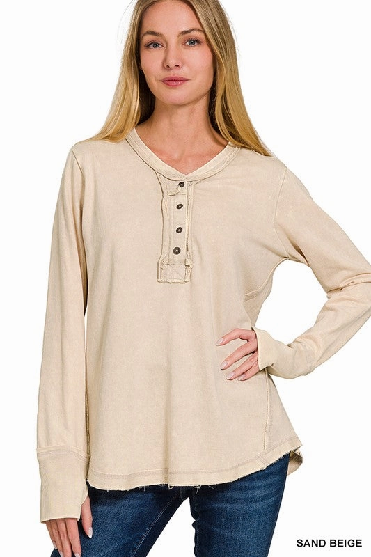 Durable Reinforced Elbow Patches DroppedShoulder Emilee Washed Thumb Hole Cuffs Long Sleeve Top