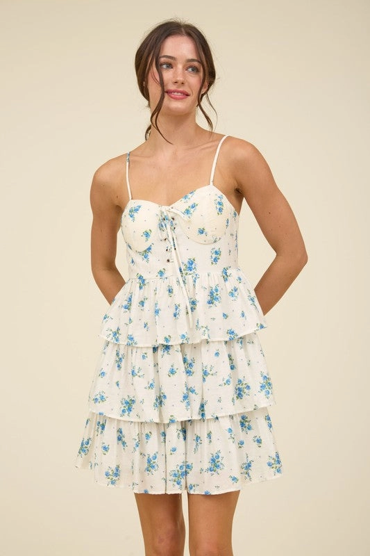 Natural Fit Light Elegance EMMALEE FLORAL FRONT LACE UP RUFFLE TIERED MINI DRESS