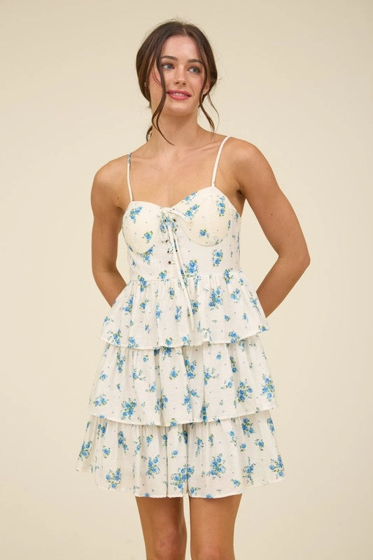 Fall Inspired EMMALEE FLORAL FRONT LACE UP RUFFLE TIERED MINI DRESS