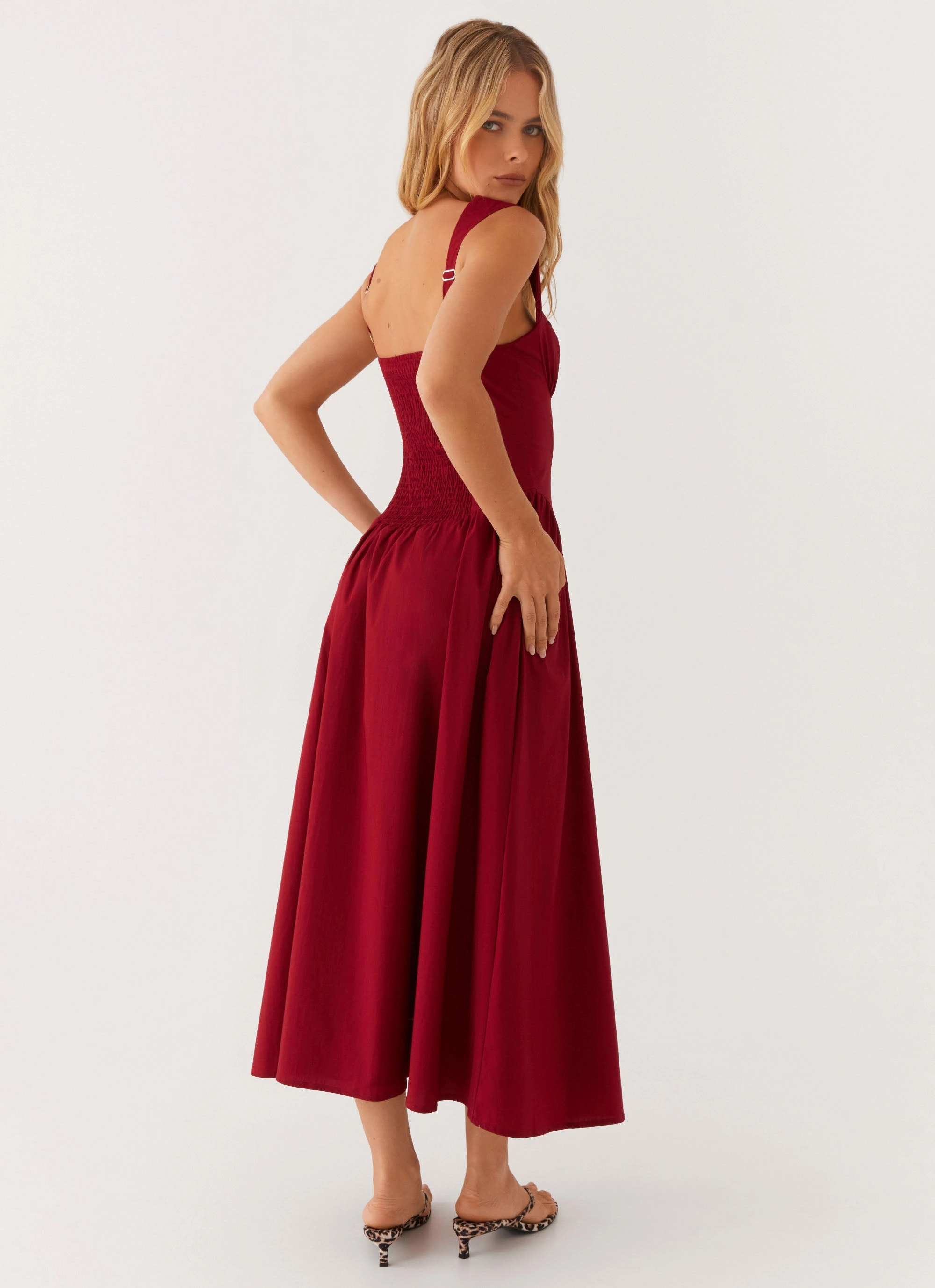 Shirred-Detail Emmalina Midi Dress - Deep Red