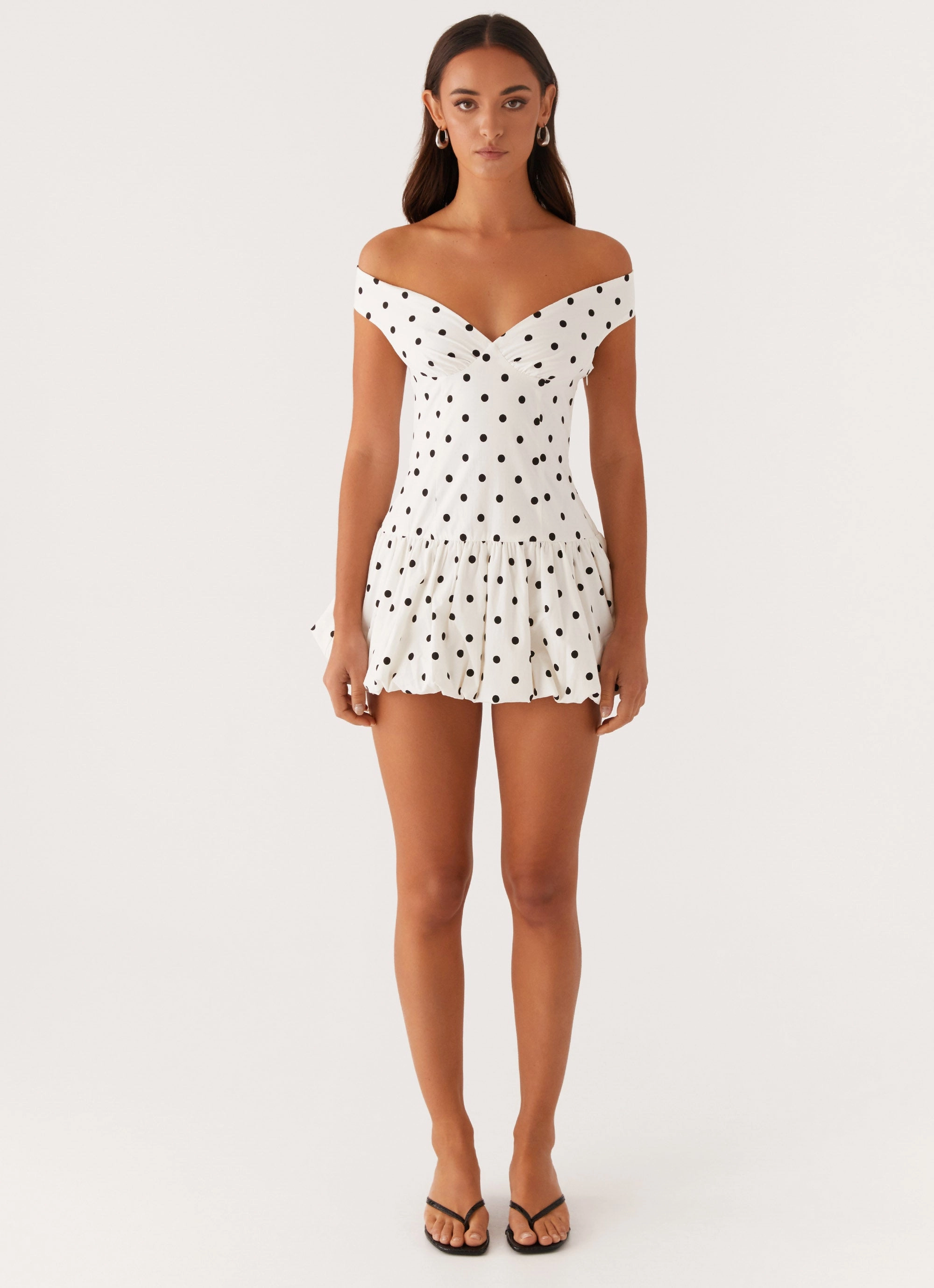 Endless Romance Off Shoulder Mini Dress - White Polka Dot Photo Bright