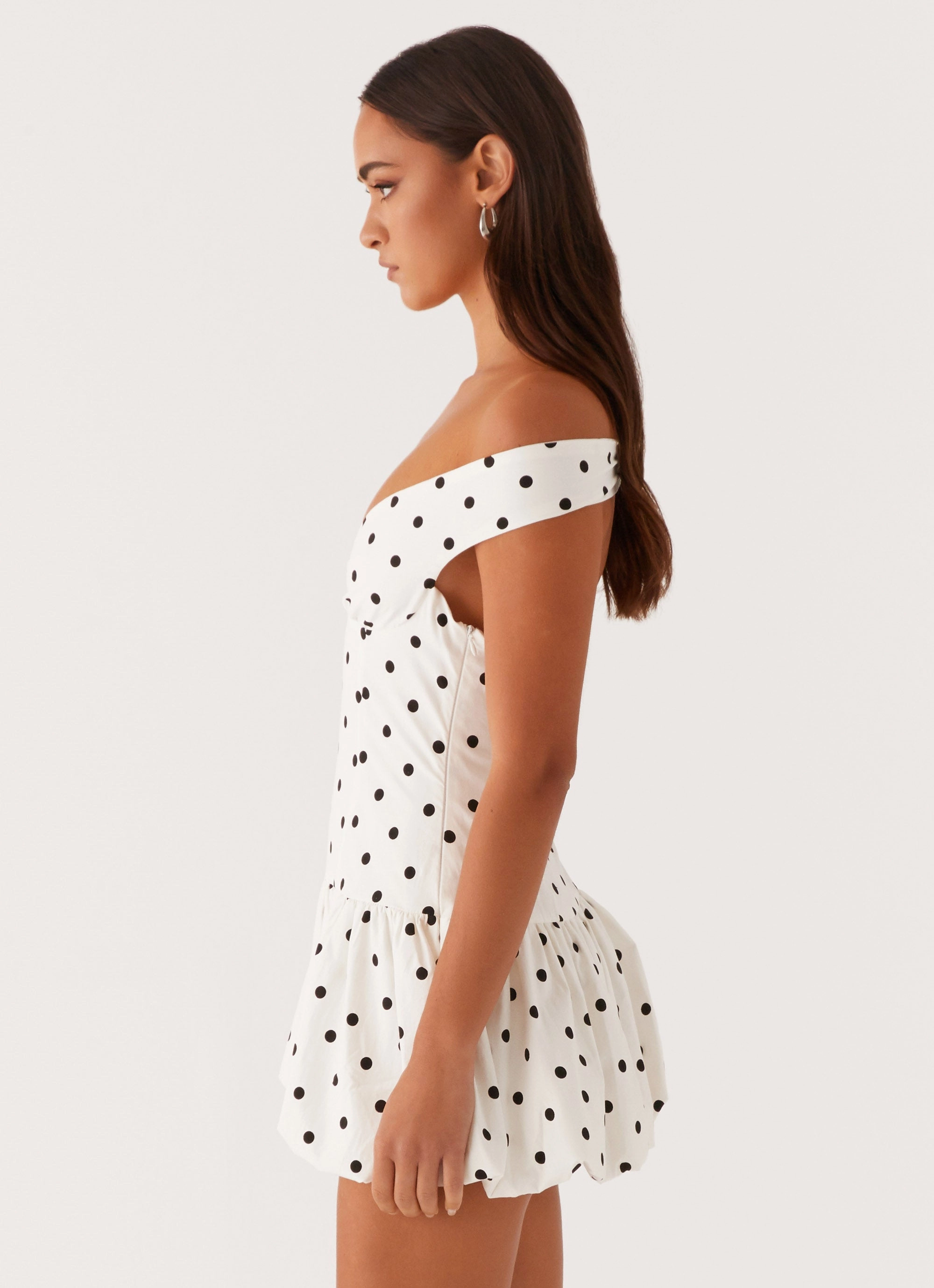 Endless Romance Off Shoulder Mini Dress - White Polka Dot Sharp Detail