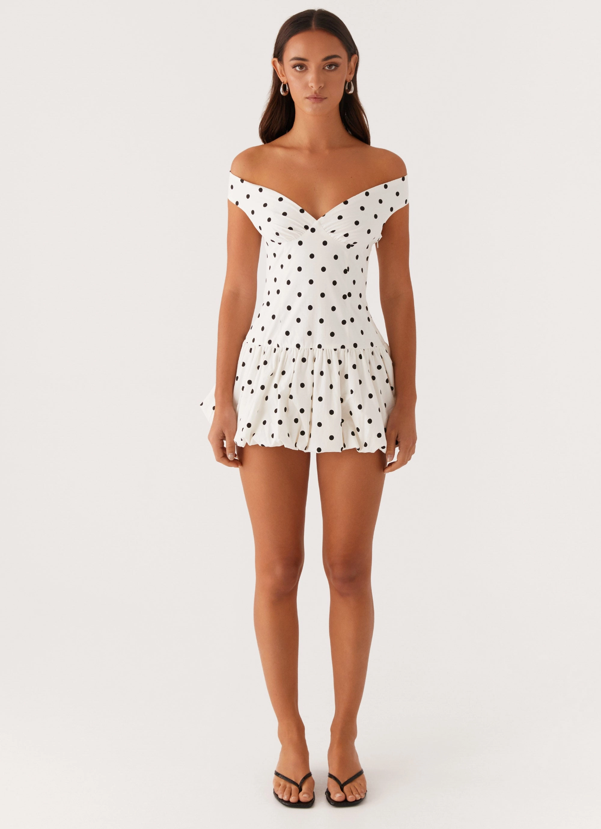Endless Romance Off Shoulder Mini Dress - White Polka Dot Charming Design