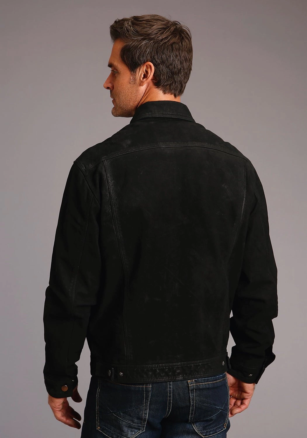 UV Protective Layer Easy Care Fabric Stetson Mens Black Leather Distressed Jean Jacket